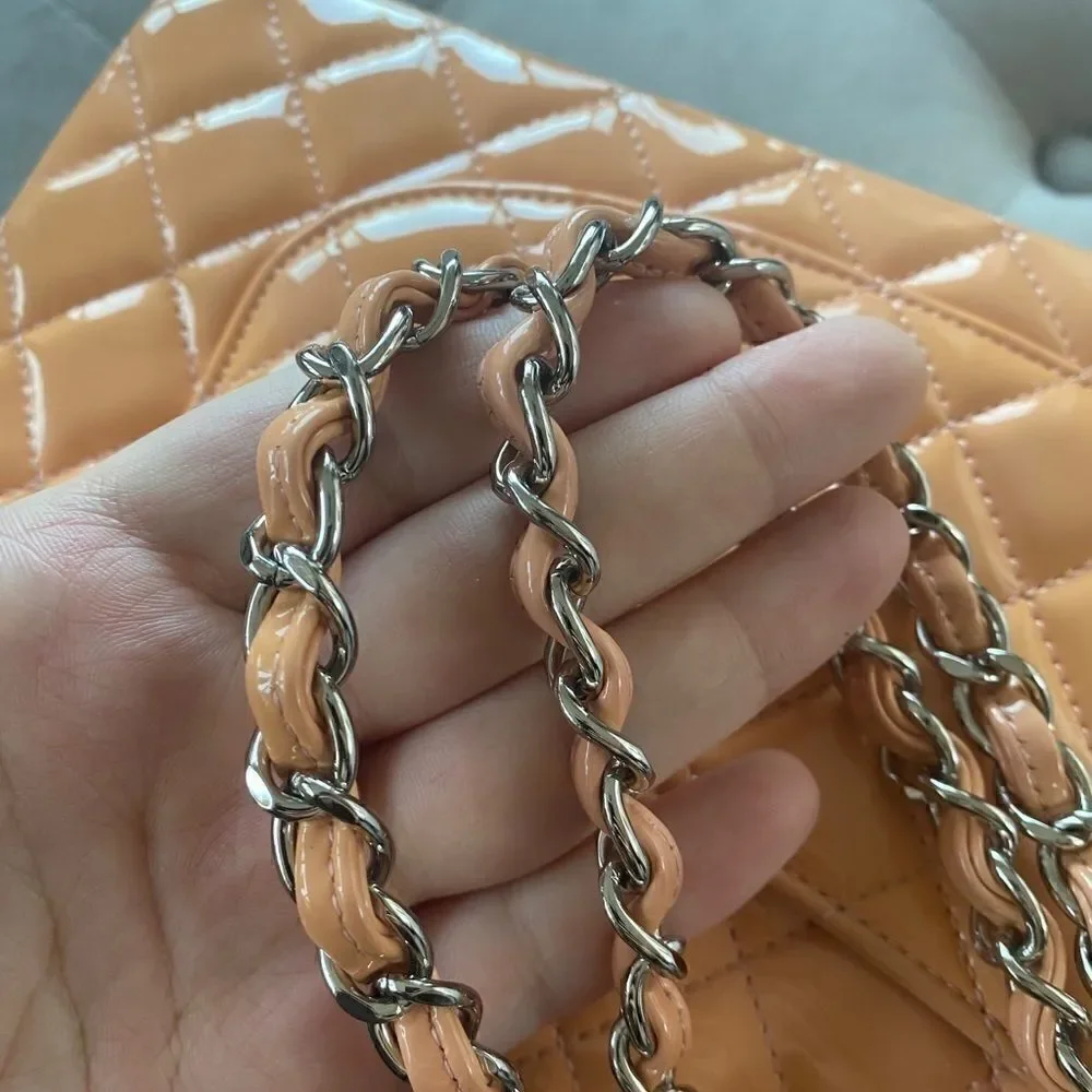 CHANEL Classic Medium Double Flap Bag peach patent